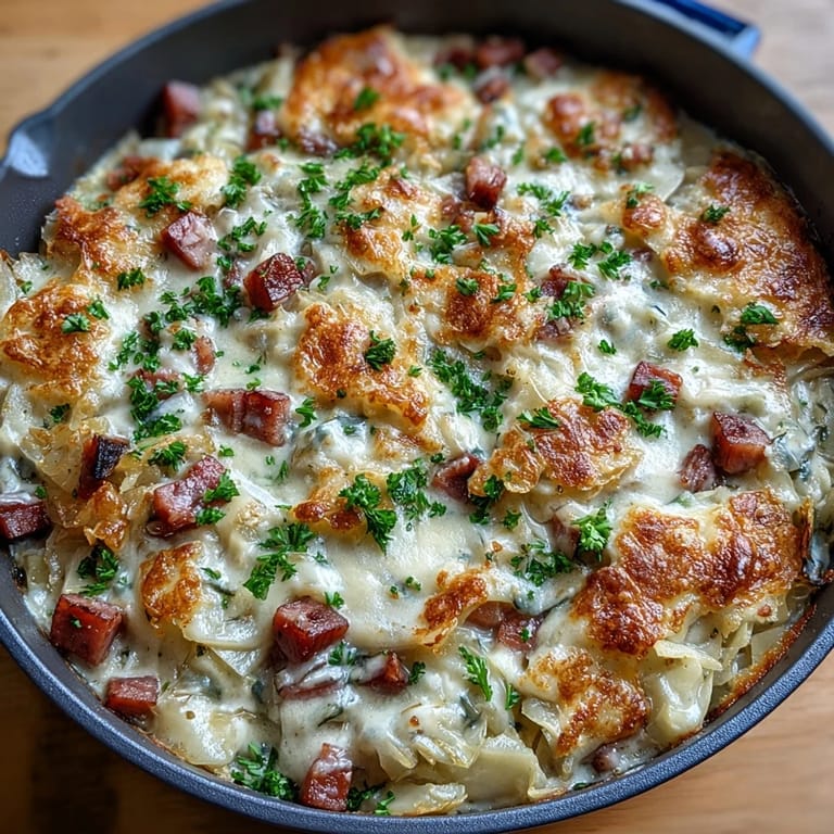 Savory ham and soft cabbage simmered in a creamy sauce, garnished with fresh parsley in this hearty skillet meal.