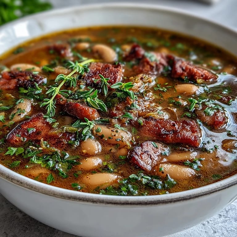 Rich ham and cannellini bean soup with sautéed vegetables and aromatic herbs, perfect for a cozy, gluten-free dinner.