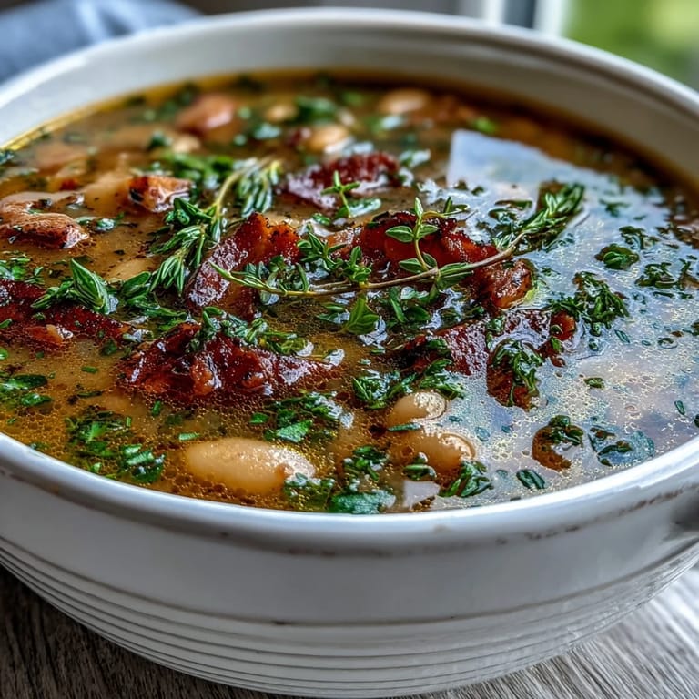 A comforting bowl of ham and cannellini bean soup, garnished with parsley, thyme, and rosemary for vibrant, fresh flavor.  