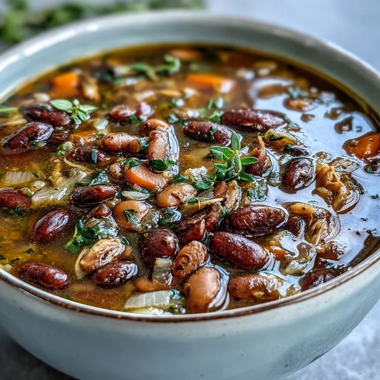 Comforting bowl of 15-bean soup with smoky turkey, vibrant veggies, and a flavorful broth—perfect for chilly days.