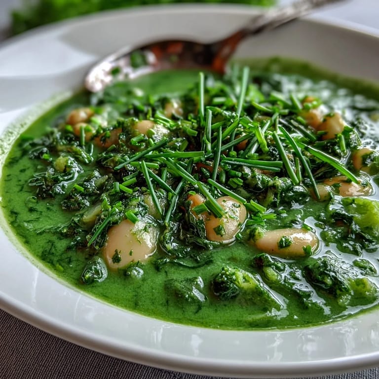 A nourishing bowl of Spinach and White Bean Shamrock Soup with tender vegetables and cannellini beans in a velvety green puree.