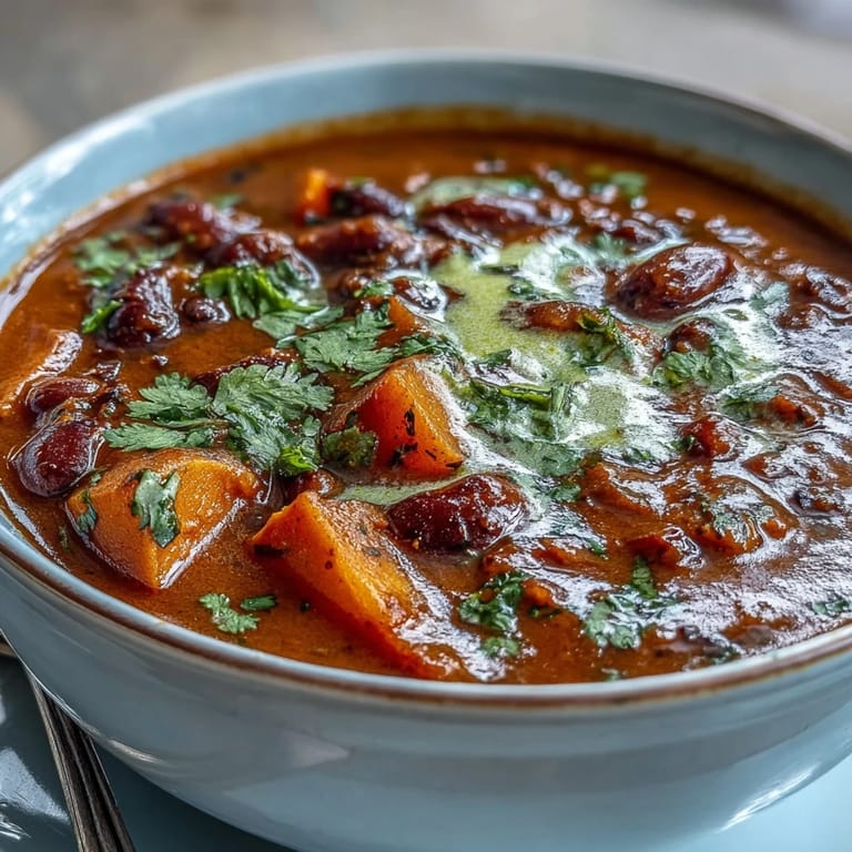 Creamy sweet potato and black bean soup with a smoky Southwestern flavor, topped with zesty lime crema and sliced jalapeños.  