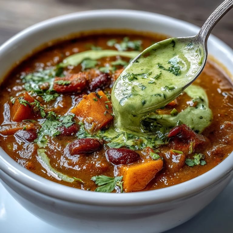 Warm, comforting bowl of black bean and sweet potato soup, finished with a dollop of lime crema and a sprinkle of fresh herbs.