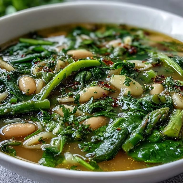 Aromatic spring minestrone with white beans, asparagus, and peas, topped with grated Parmesan for a comforting vegetarian meal.