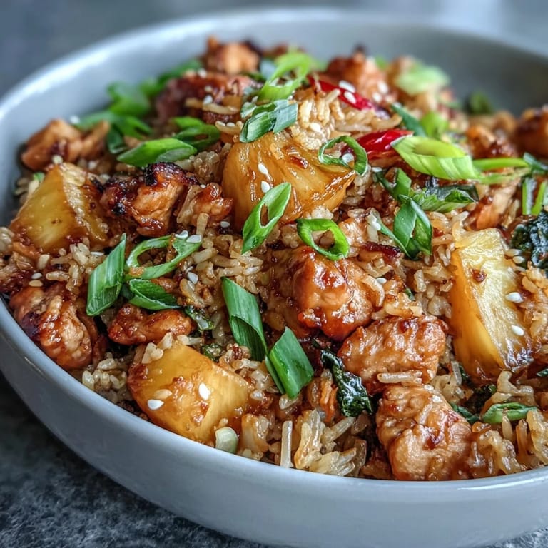 Tropical pineapple fried rice featuring sweet chili glazed chicken, crisp vegetables, and aromatic jasmine rice in a colorful stir-fry.