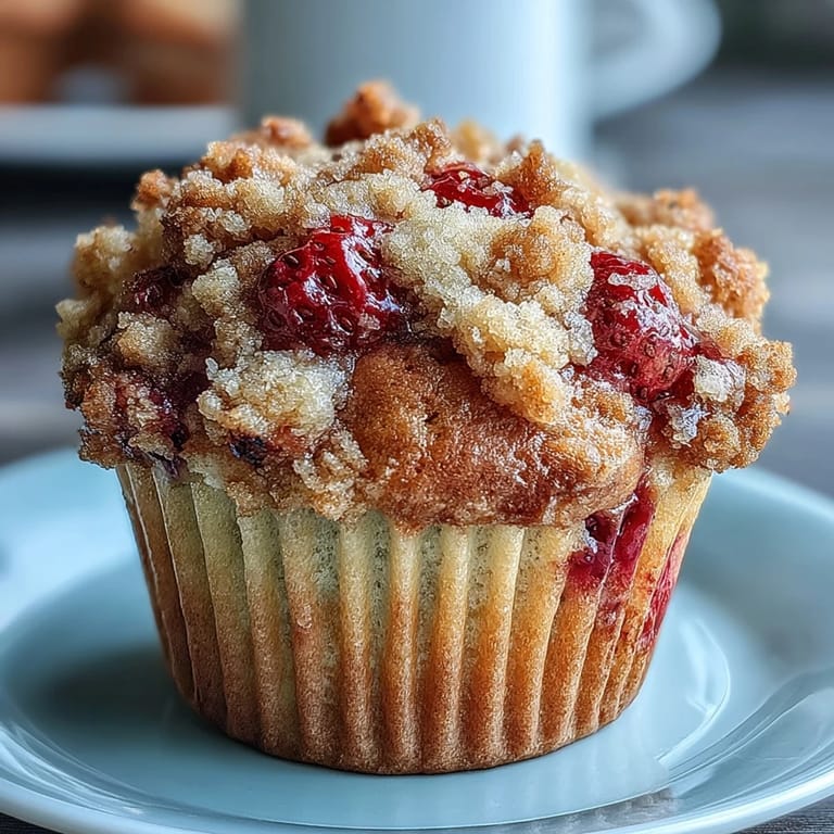 Golden strawberry muffins with sweet crumble topping and zesty lemon aroma, ideal for brunch or afternoon snack.  