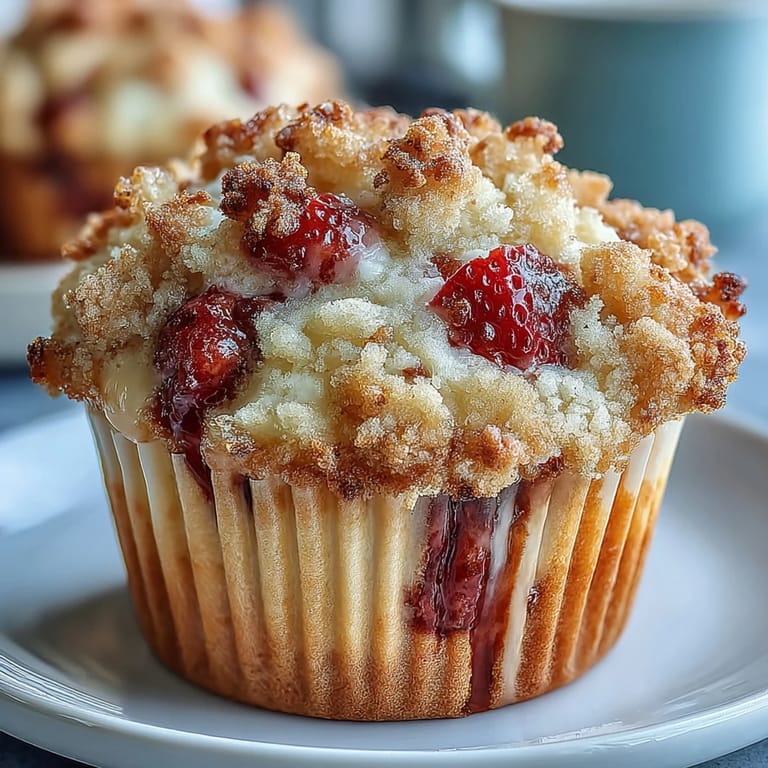 Fluffy strawberry muffins bursting with juicy berries, finished with a crunchy crumble and fragrant lemon zest for a delightful bite.