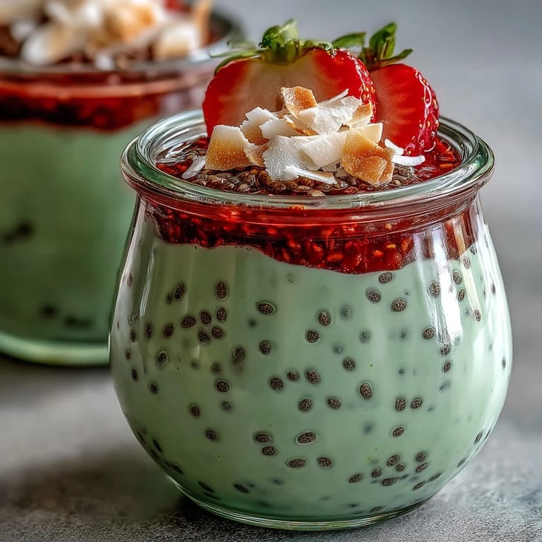 Beautifully layered Strawberry Matcha Chia Pudding Jars with alternating pink strawberry and green matcha layers, topped with fresh berries and coconut flakes.