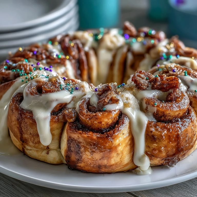 Golden-baked Mardi Gras King Cake Cinnamon Roll Wreath with buttery cinnamon filling and colorful sanding sugar decoration.