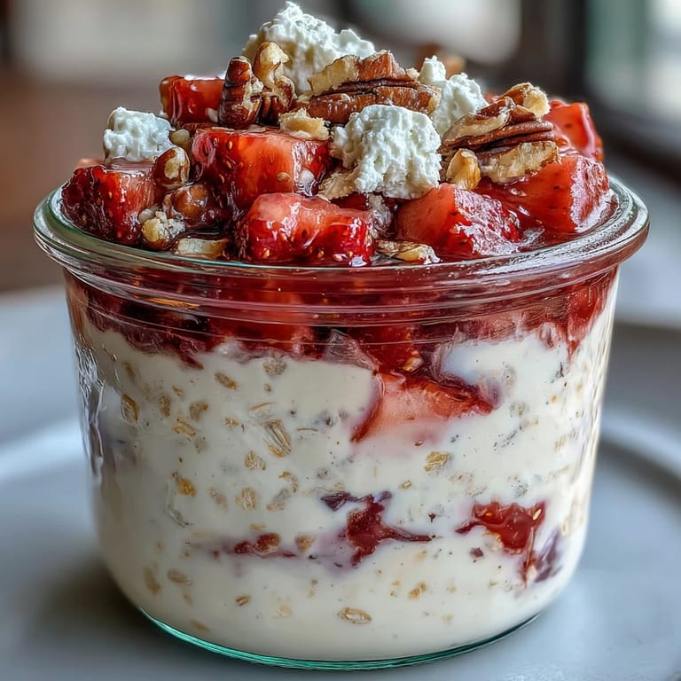 Make-ahead breakfast jars filled with strawberry cheesecake overnight oats, fresh fruit, and a golden graham cracker topping for a satisfying start.