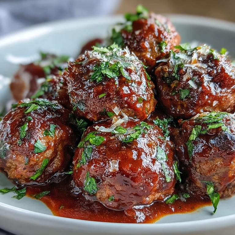 Flavorful beef meatballs simmered all day in savory herb-infused tomato sauce, ideal for serving at casual gatherings or family dinners.  
