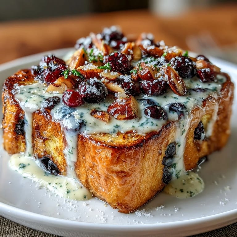 Bright and tangy Blueberry Lemon Sourdough French Toast Casserole topped with sliced almonds, baked until crisp and served warm with powdered sugar.