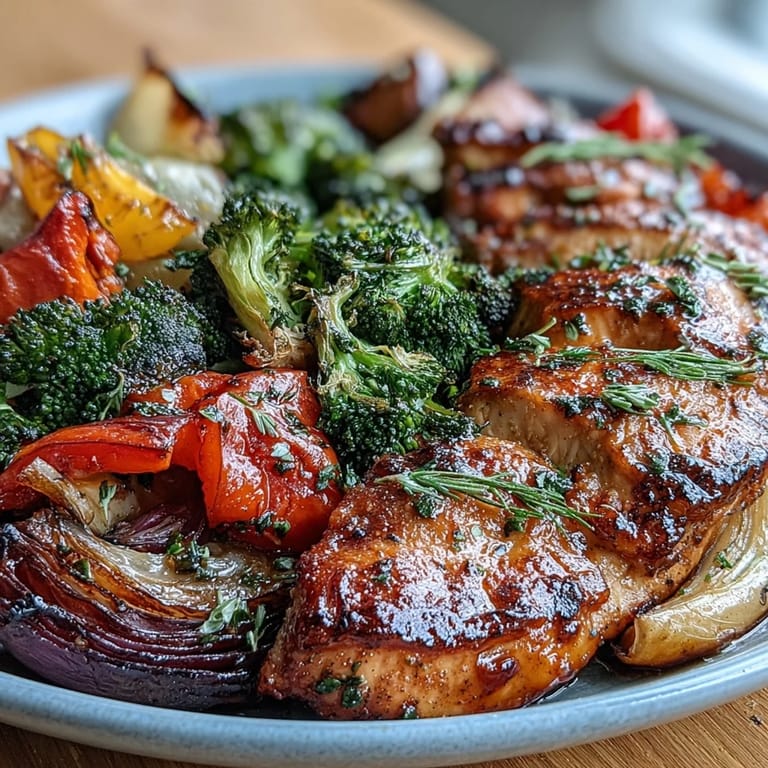 Quick and easy Healthy 5-Ingredient Sheet Pan Chicken and Veggies, featuring tender chicken and caramelized vegetables seasoned with Italian herbs for a satisfying weeknight meal.