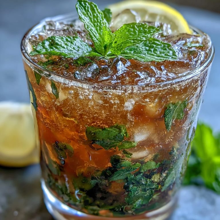 Festive non-alcoholic mint julep mocktails served in mini glasses, garnished with fresh mint and lemon slices.