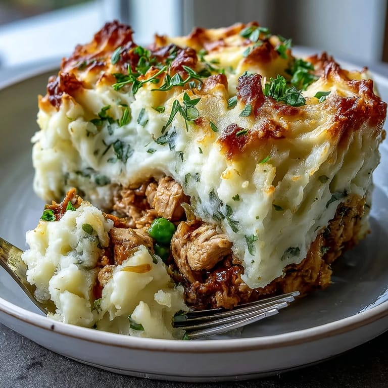 Comforting Turkey Shepherds Pie featuring a light turkey and vegetable base beneath a smooth cauliflower-potato topping.