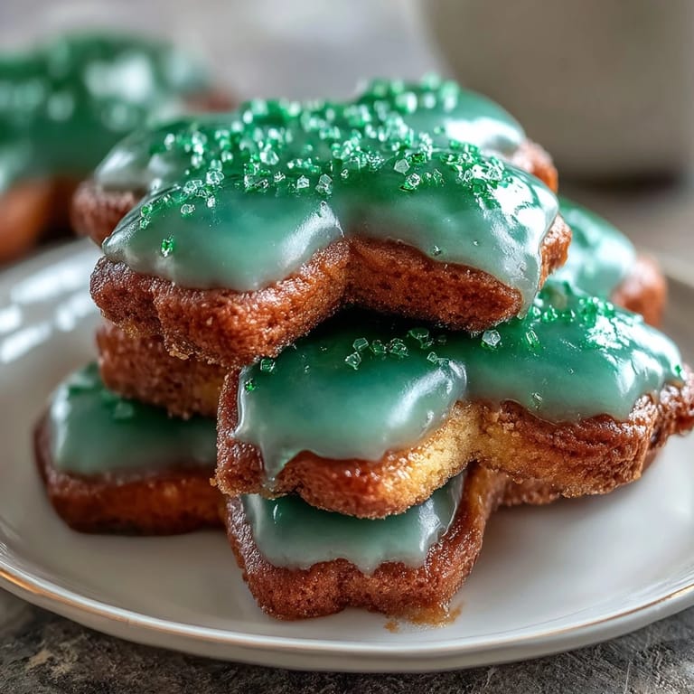 Buttery sugar cookies shaped like shamrocks, topped with glossy royal icing and festive green accents.