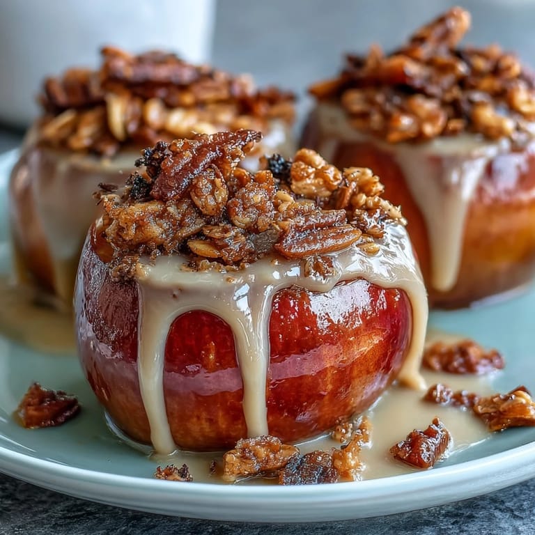 Sweet apple slices coated in smooth peanut butter drizzle and sprinkled with granola for extra crunch.