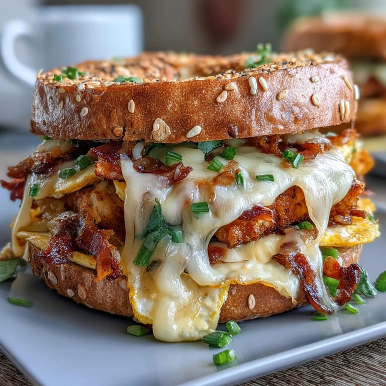 High-protein breakfast sandwiches featuring golden bagels layered with cheesy baked eggs, chives, and creamy spread for meal prep.