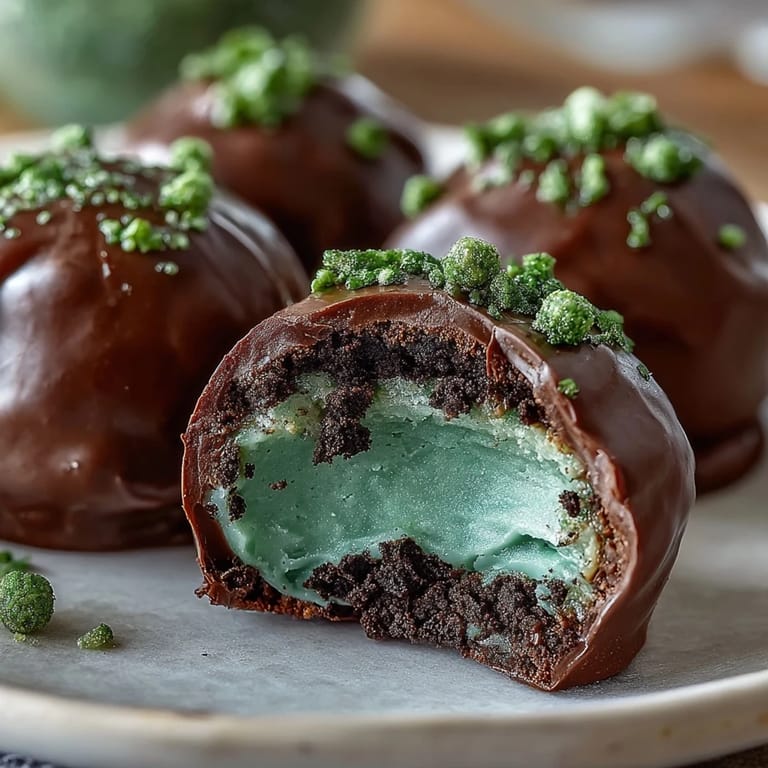 Decadent mint Oreo truffles dipped in vibrant green candy melts, topped with gold sprinkles for holiday flair.