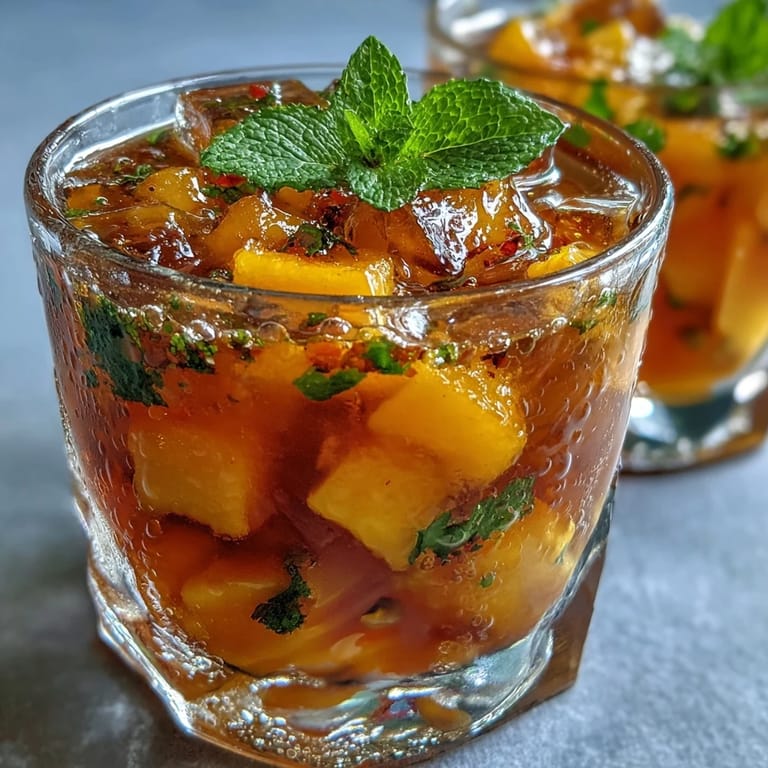 Cool and fruity mango peach iced tea with mint leaves, a delicious and colorful spring or summer drink.