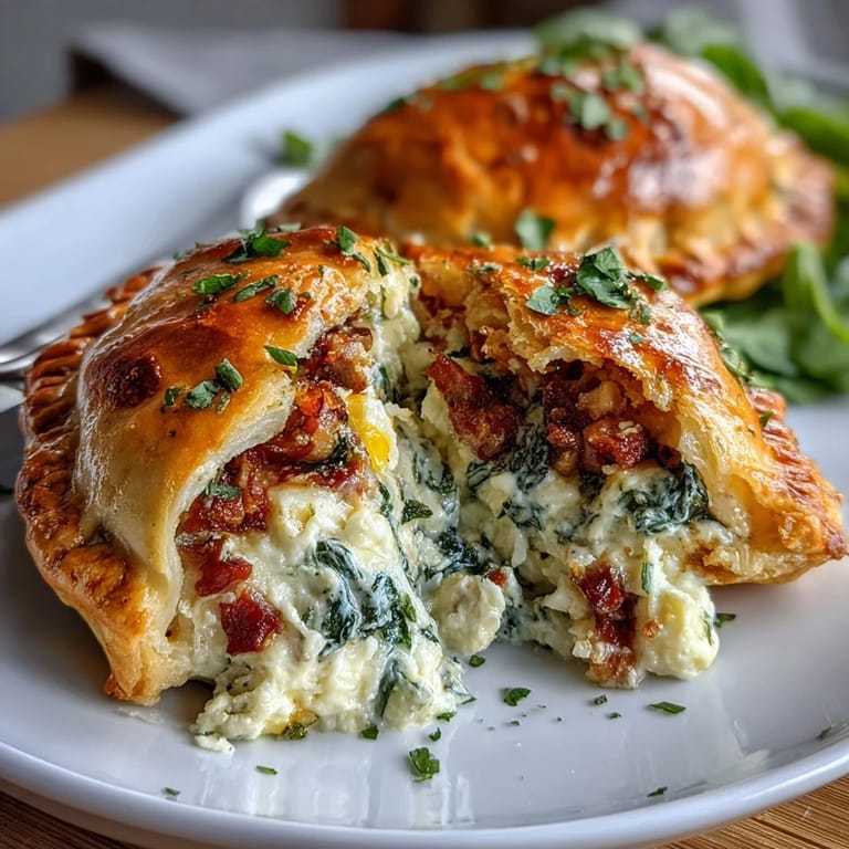 Festive Easter savory pie with creamy ricotta, diced ham, spinach, and whole eggs baked in a buttery puff pastry crust.