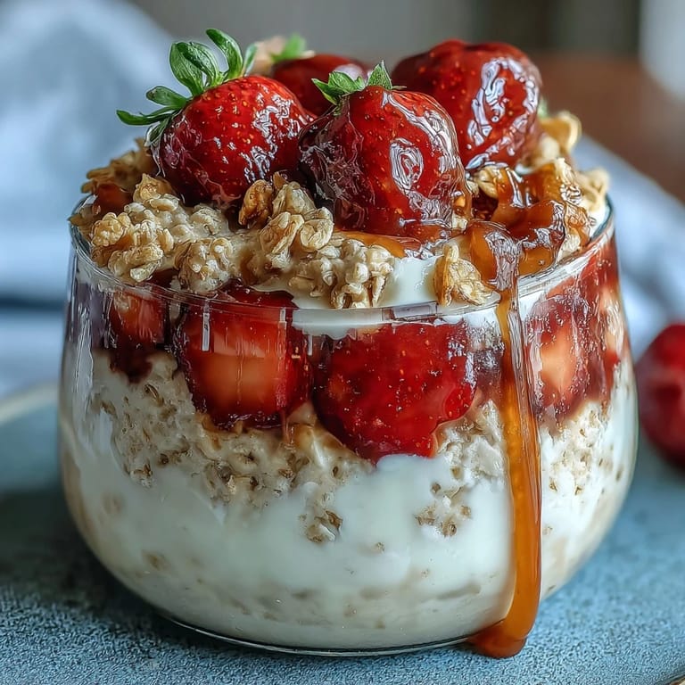 Wholesome strawberry chia overnight oats layered with crunchy granola and juicy berries in a glass jar.