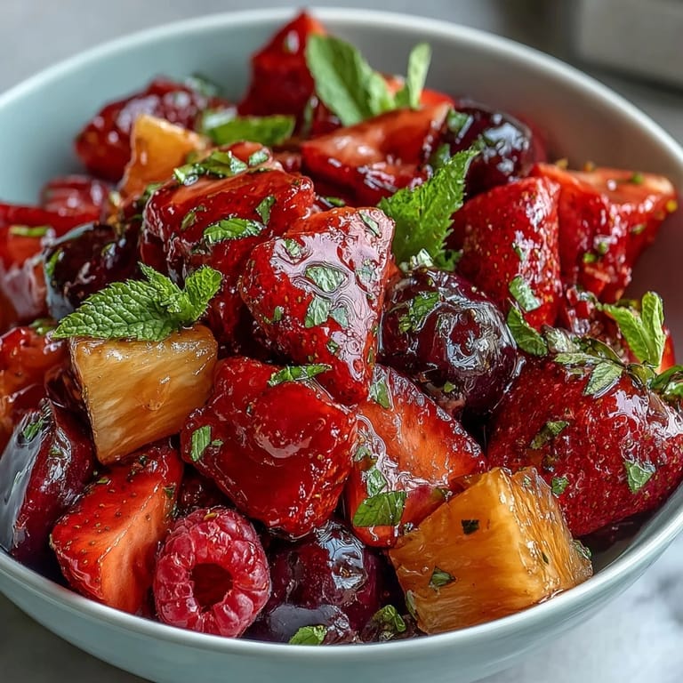 Vibrant fruit salad featuring strawberries, blueberries, and watermelon tossed in a tangy lemonade glaze, perfect for summer gatherings.