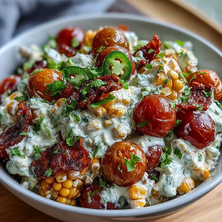 A vibrant bowl of Creamy Corn Salad with Jalapeño, featuring fresh corn, red peppers, and a creamy, smoky lime dressing.