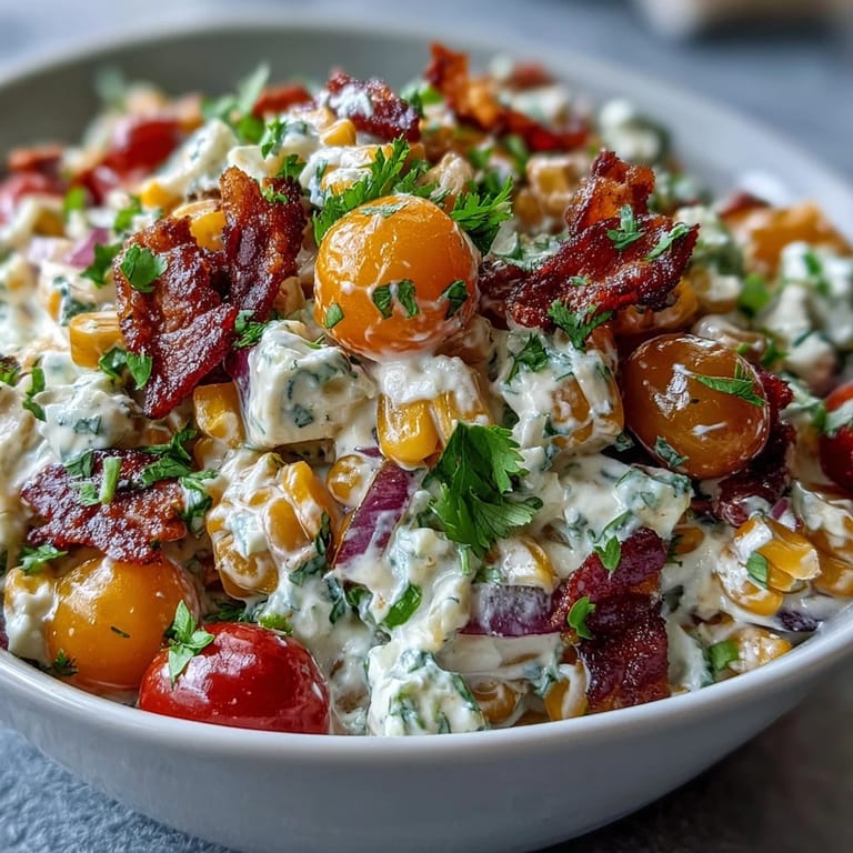 Colorful Creamy Corn Salad with Jalapeño, a refreshing summer side with juicy tomatoes, crisp vegetables, and a spicy kick.