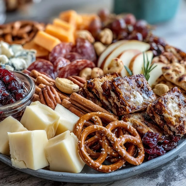 Colorful grad party snack board with cheddar, olives, chocolate pretzels, and fresh fruit for easy sharing.