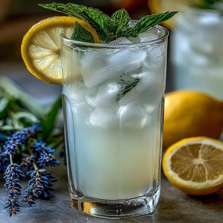 Vibrant lavender lemonade with cooling mint leaves, a perfect balance of floral and citrus in every sip.