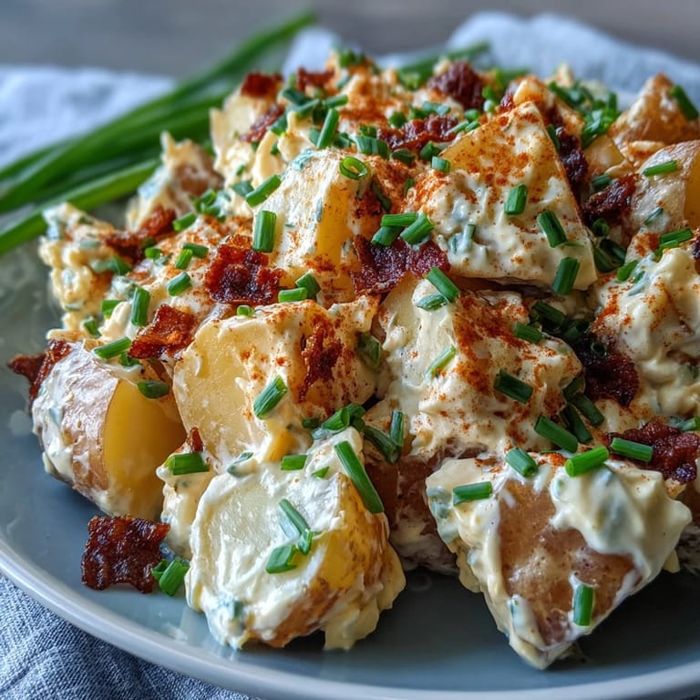 A close-up view of Classic Deviled Egg Potato Salad showcasing vibrant green onions, chopped eggs, and a sprinkle of smoked paprika.