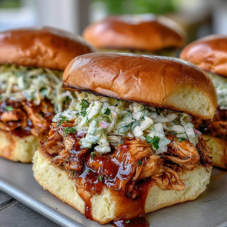 Tender shredded chicken slow-cooked in tangy barbecue sauce, served on soft buns with creamy coleslaw for a classic American favorite.