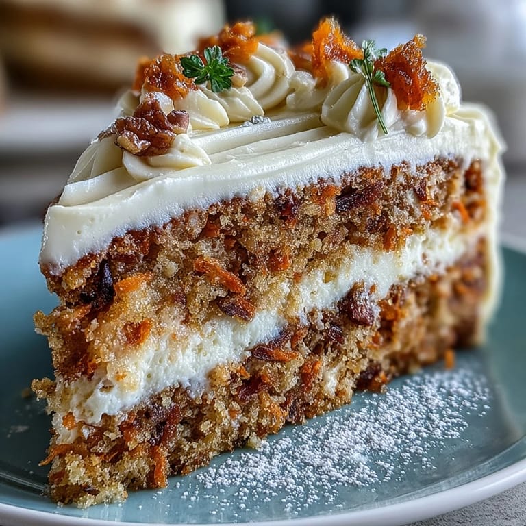 A festive carrot cake with walnuts, raisins, and cream cheese frosting, perfect for spring celebrations.