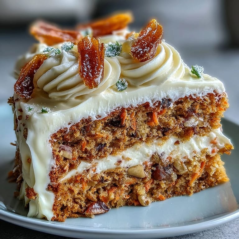 Layers of spiced carrot cake frosted with tangy cream cheese and garnished with golden candied carrot ribbons.