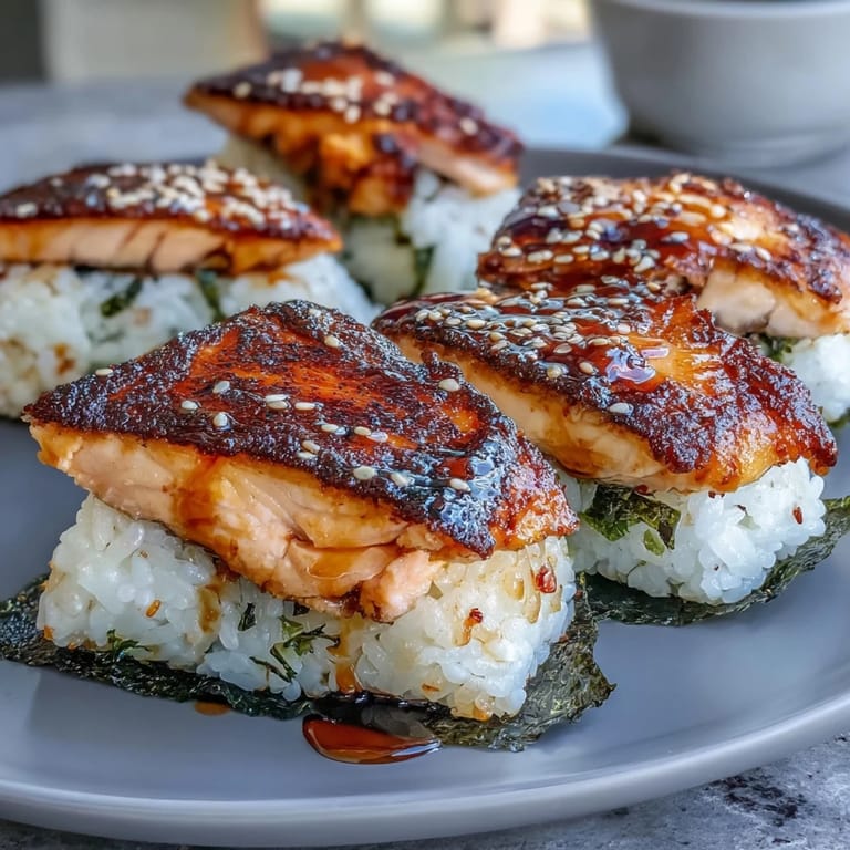 Japanese grilled salmon onigiri, crispy on the outside, soft and flavorful inside, wrapped in nori.  