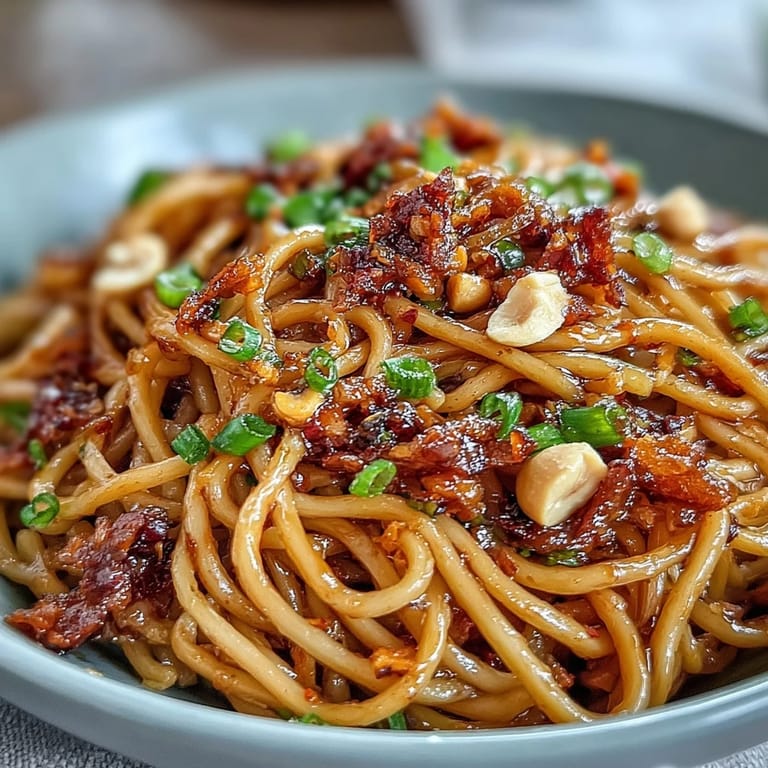 Aromatic chili crisp noodles served hot, featuring golden garlic, vibrant scallions, and a sprinkle of chopped peanuts for texture.