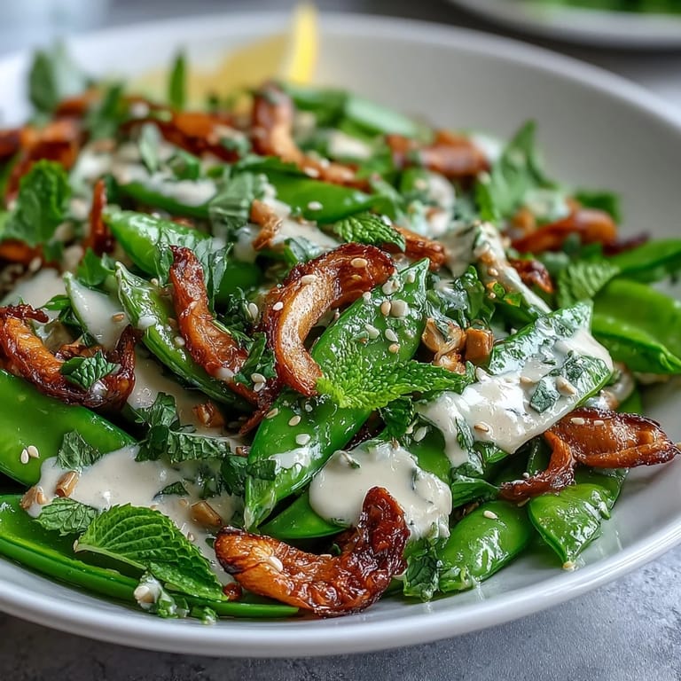 Vibrant spring salad featuring snap peas, radishes, and herbs, topped with toasted sesame seeds and creamy tahini dressing.