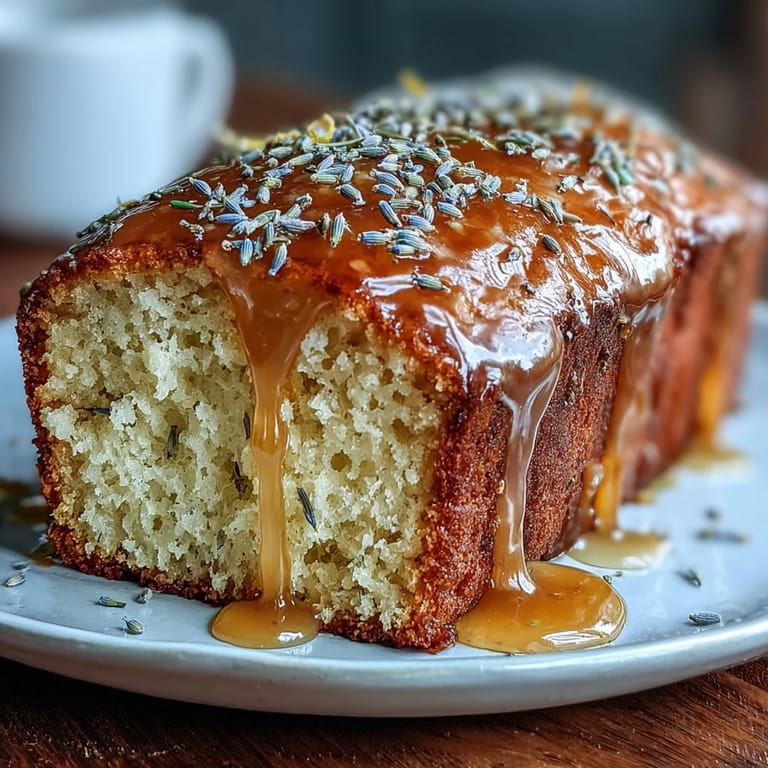 Moist lemon lavender loaf cake with honey glaze, featuring vibrant citrus zest and delicate floral notes in every slice.