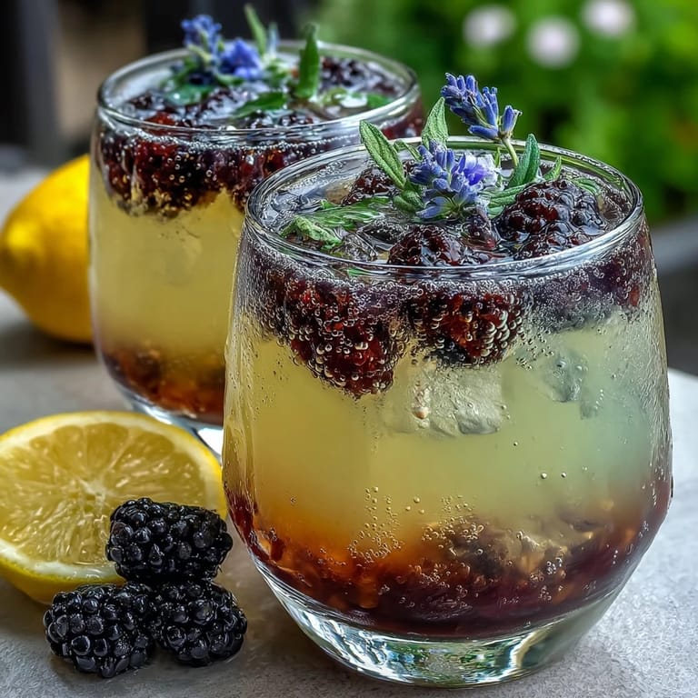 Sparkling blackberry lavender lemonade with a floral twist, served over ice and garnished with fresh lavender sprigs.