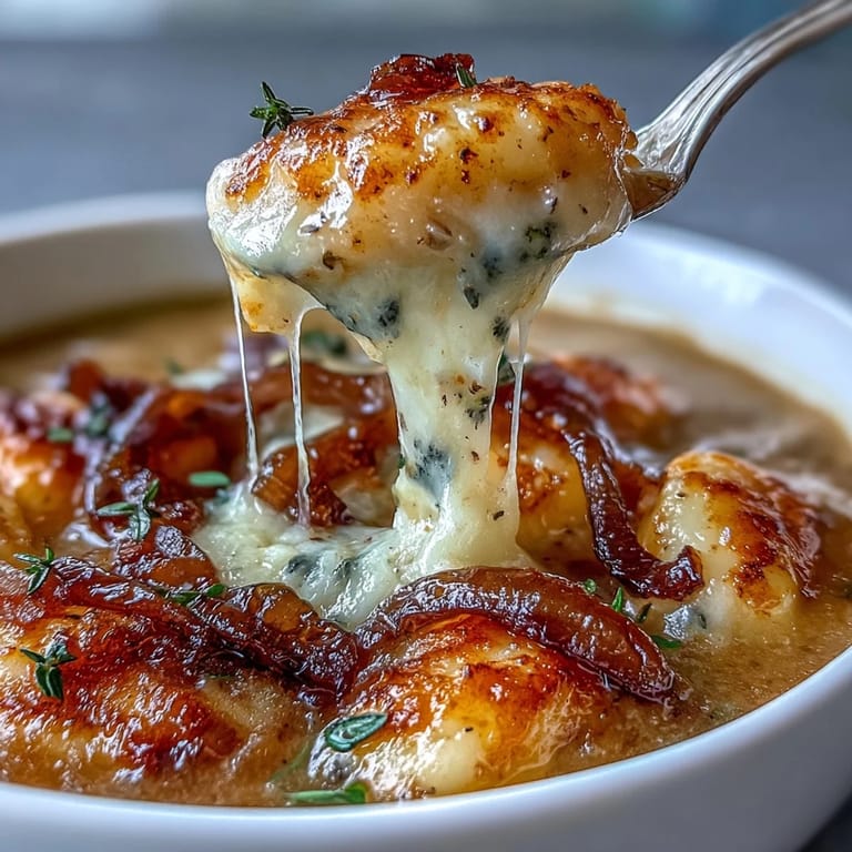 A cozy bowl showcasing Gnocchi French Onion Soup topped with golden cheese and crusty croutons.
