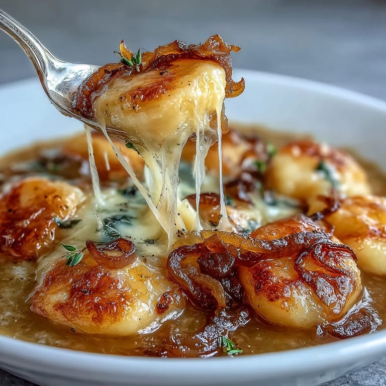 Gnocchi French Onion Soup with toasted bread, rich broth, and gooey Gruyère, ready for dinner.
