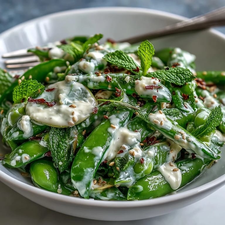 Crunchy snap peas and radishes tossed with mint and parsley in a zesty tahini-lemon dressing for a refreshing salad.