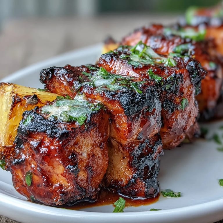 Tender chicken al pastor skewers paired with caramelized pineapple and red onion, bursting with bold, tropical flavors.  
