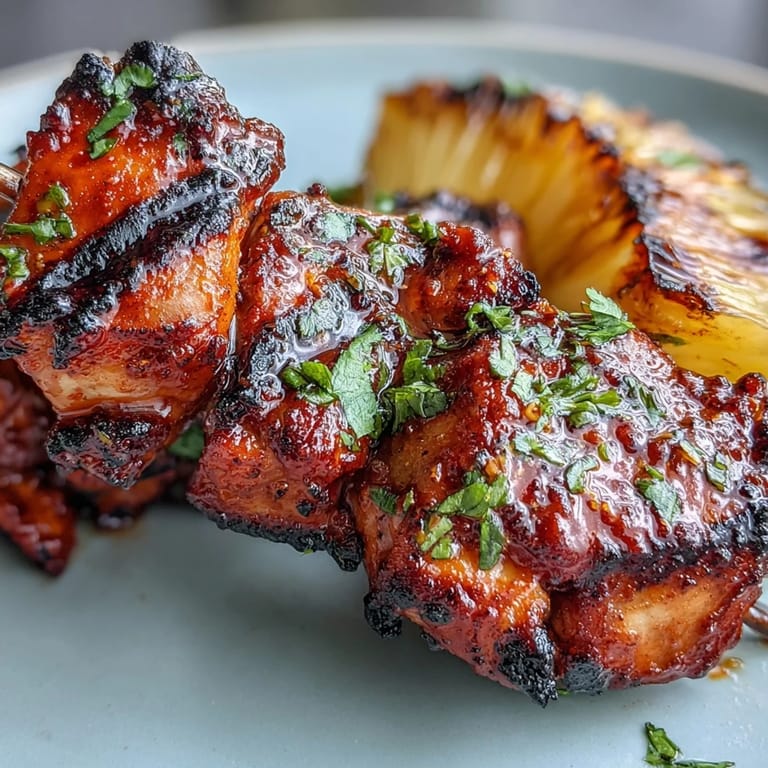 Smoky, marinated chicken al pastor grilled with fresh pineapple and onion, garnished with cilantro and served with lime wedges.