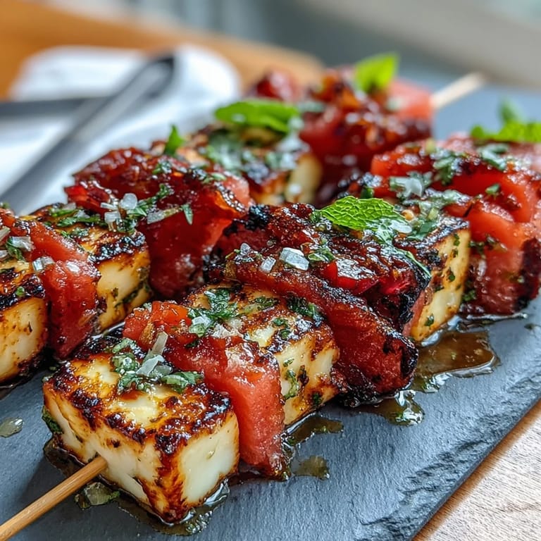 Golden, savory halloumi cheese paired with sweet watermelon and red onion, charred to perfection on the grill for a vibrant vegetarian starter.