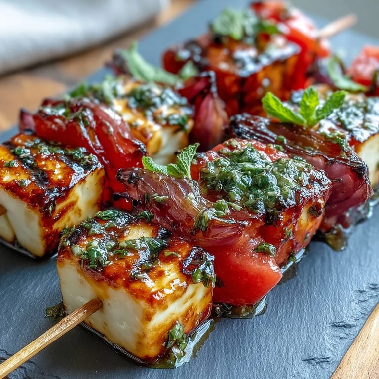 Colorful grilled halloumi and watermelon skewers, garnished with fresh mint, offering a refreshing, gluten-free appetizer bursting with Mediterranean flavors.