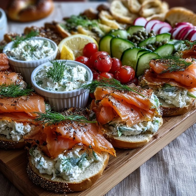 Smoked salmon bagel board with fresh cucumbers, ripe avocado, tangy capers, and lemon wedges—perfect for sharing with loved ones.
