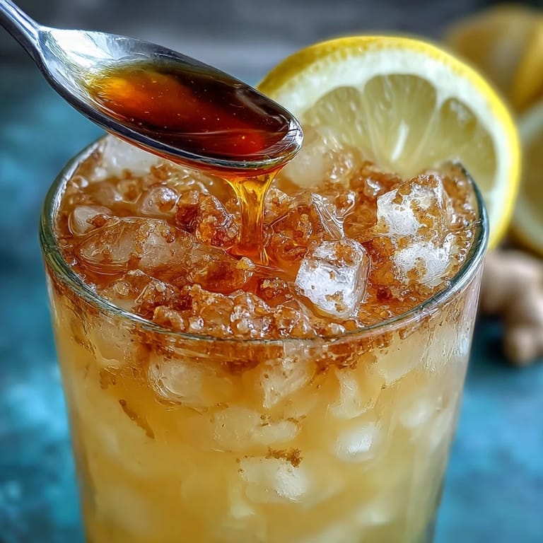 Refreshing prebiotic lemonade featuring tangy lemon juice, warming ginger, and a touch of sweetness, served over ice with garnish.
