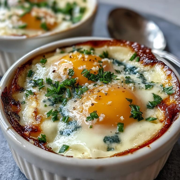 Elegant French-style baked eggs in creamy custard, topped with fresh herbs and parmesan for a luxurious brunch.